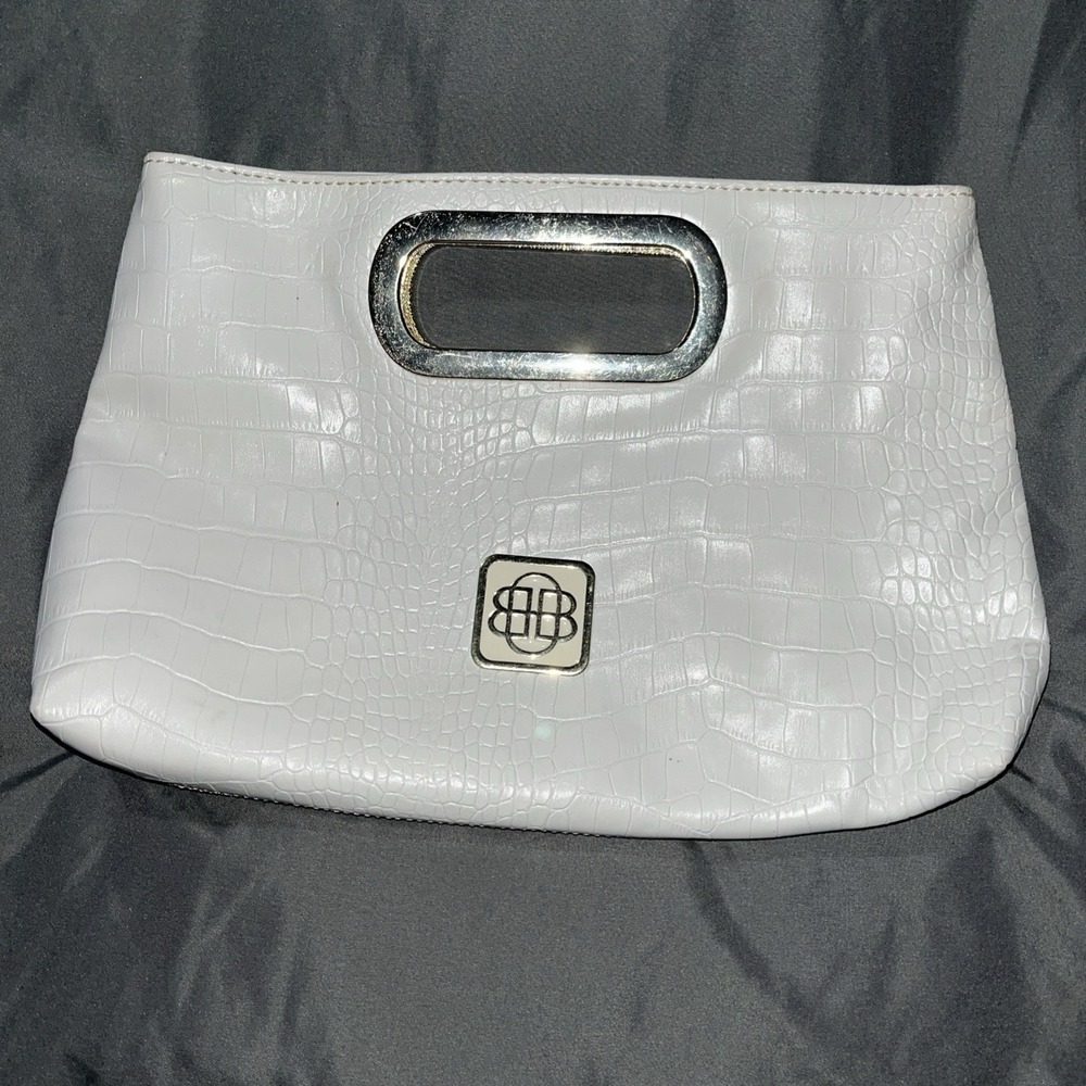 Dana Buchman White Windham Clutch Purse with Gold Accents Pink Mark On The Back